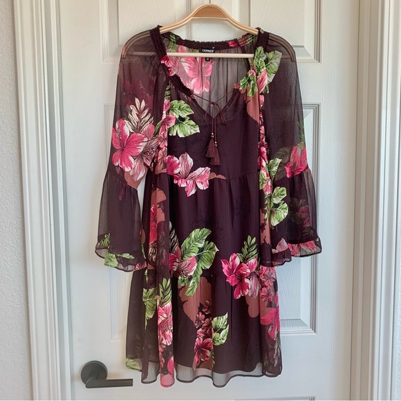 EXPRESS Brown Hibiscus Flower Floral Print Babydoll Chiffon Dress - Picture 5 of 11